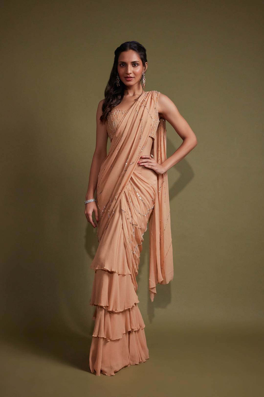 Rose Beige & Silver Ruffle Saree Set