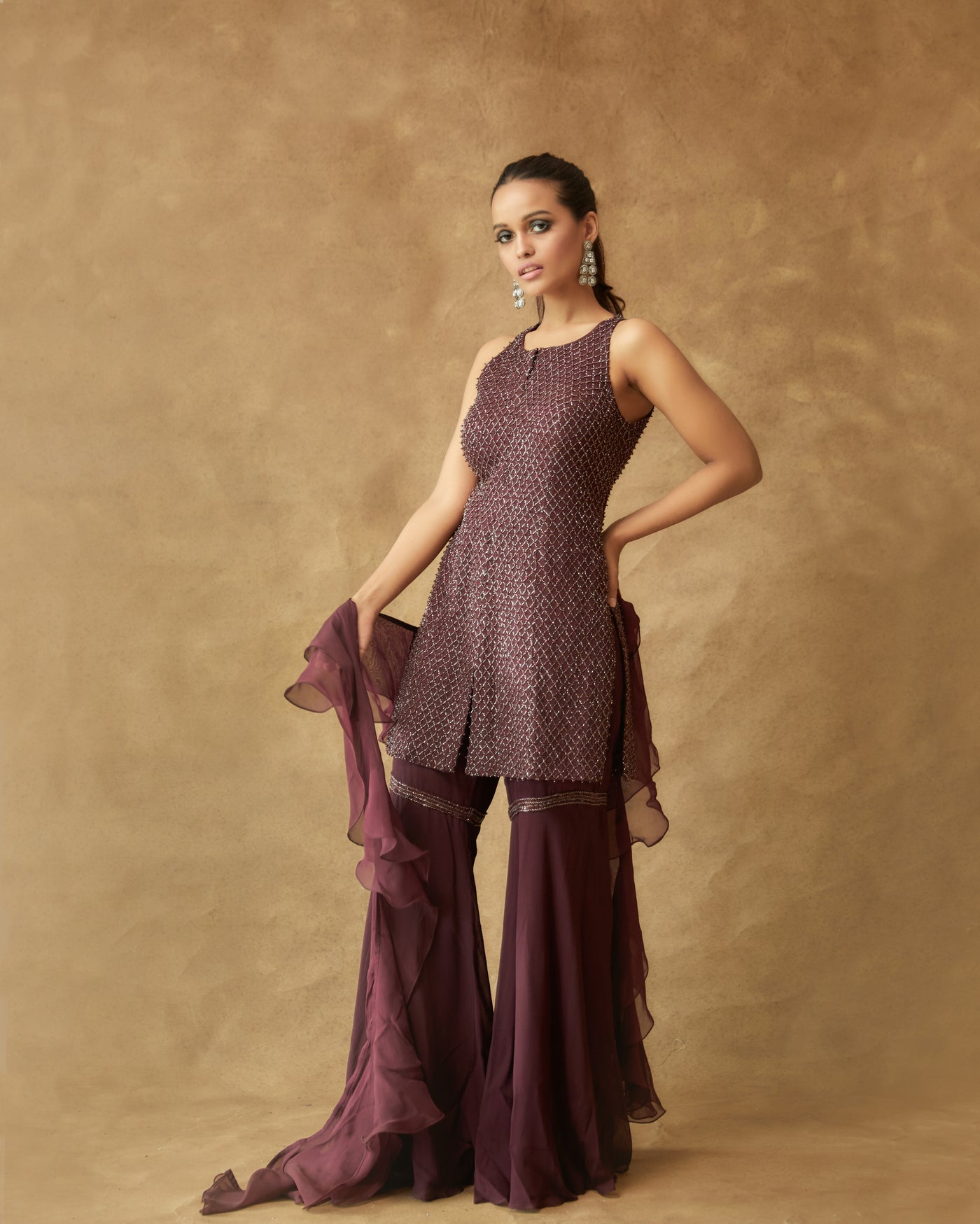 Plum Hand Embroidered Sharara Set