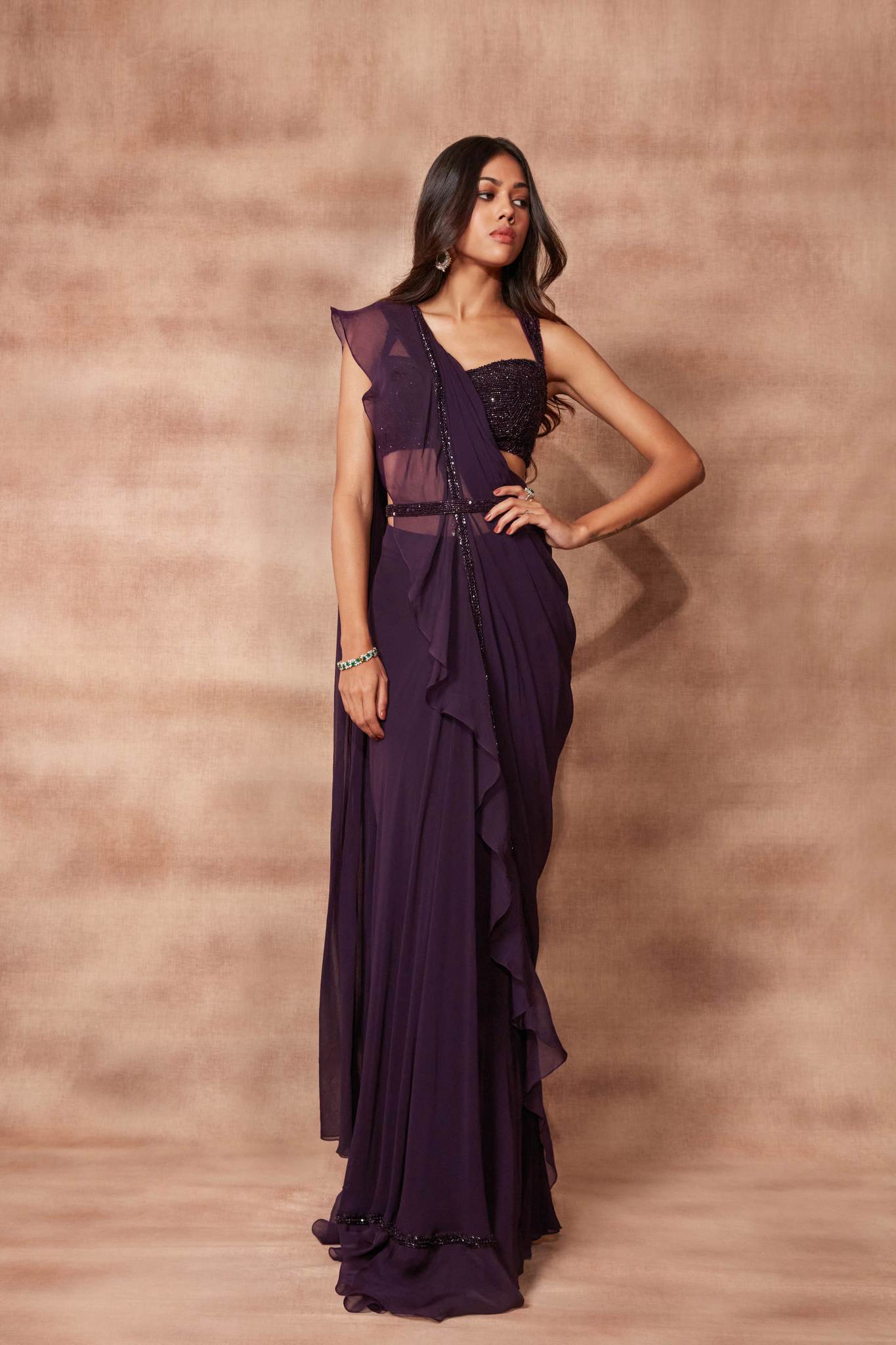 Deep Wine Ruffle Saree Set
