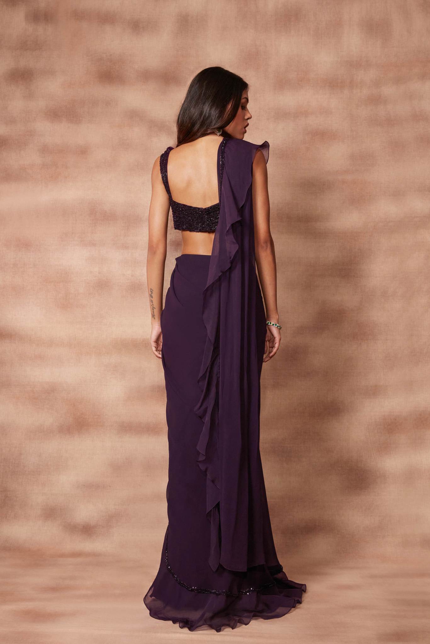 Deep Wine Ruffle Saree Set