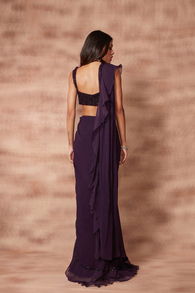 Deep Wine Ruffle Saree Set