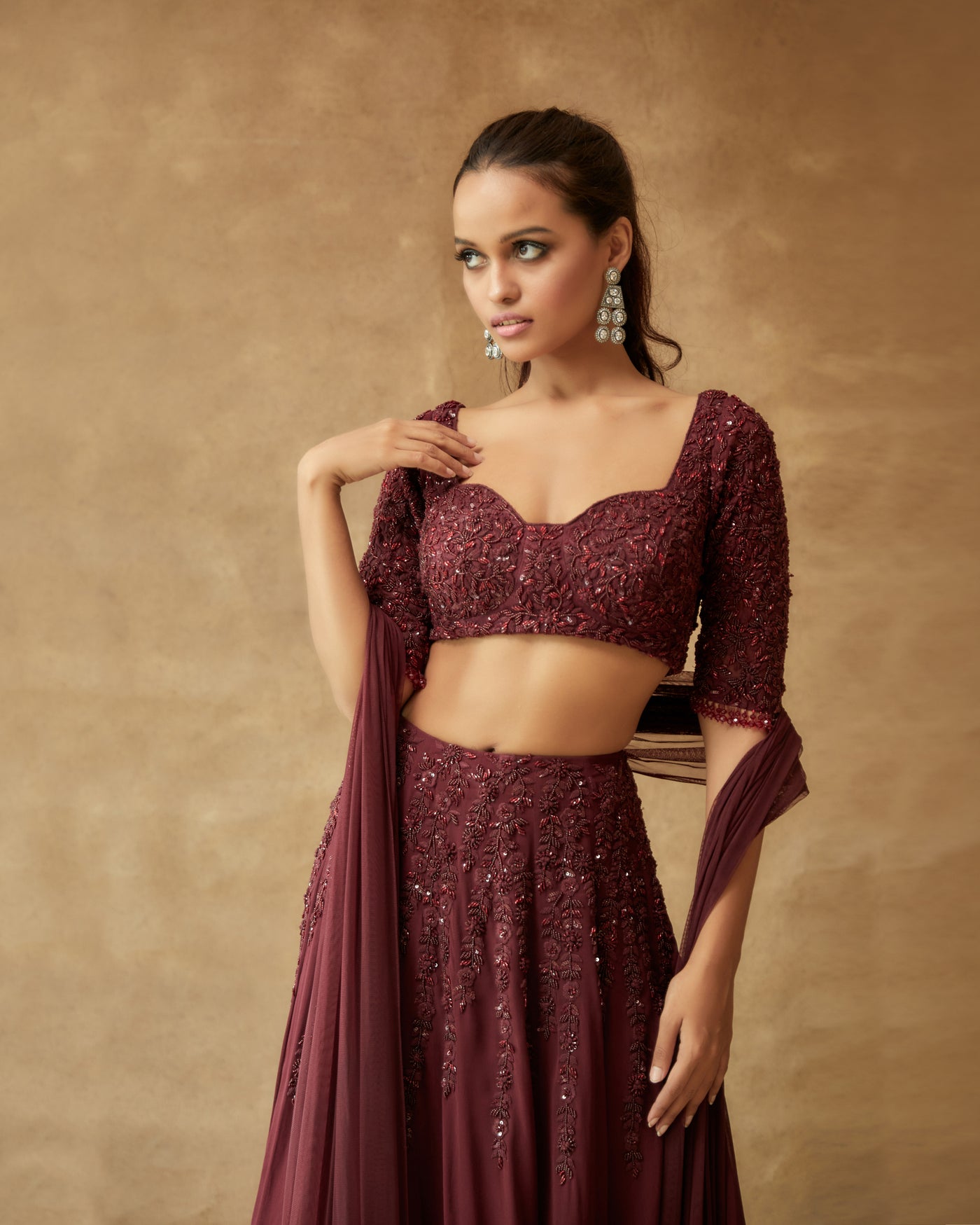 Rosewood Hand Embroidered corset Style Blouse And Lehenga Set