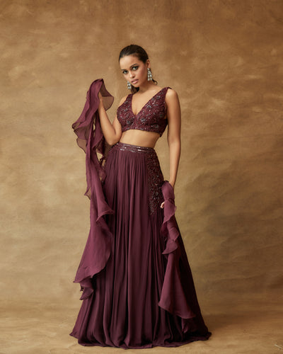 Burgundy Lehenga With Hand Embroidered Panels Paired With A Ruffle Dupatta