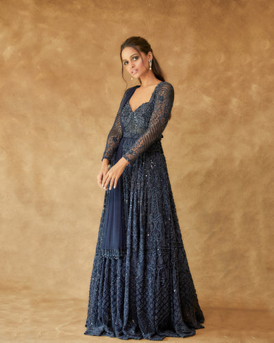 Midnight Blue Full Sleeve Corset Style Anarkali With Beaded Hand Work And A Belt