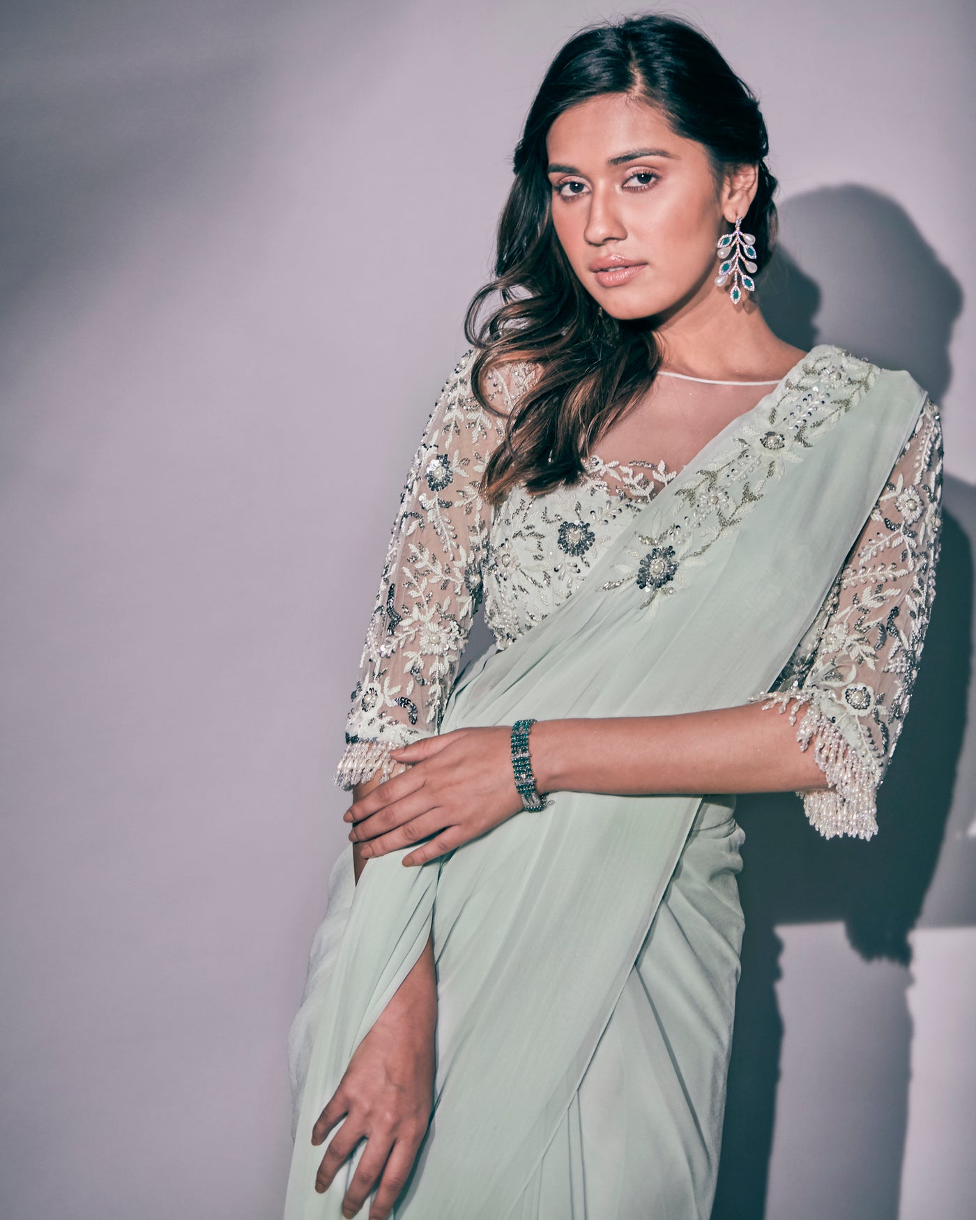 Mint Hand-embroidered Blouse & Saree Set