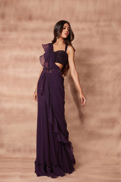 Deep Wine Ruffle Saree Set