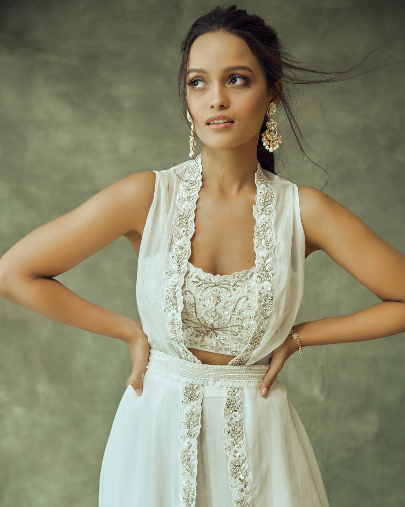 White And Gold Hand Embroidered Co-ord Set With A Duster Coat And Belt