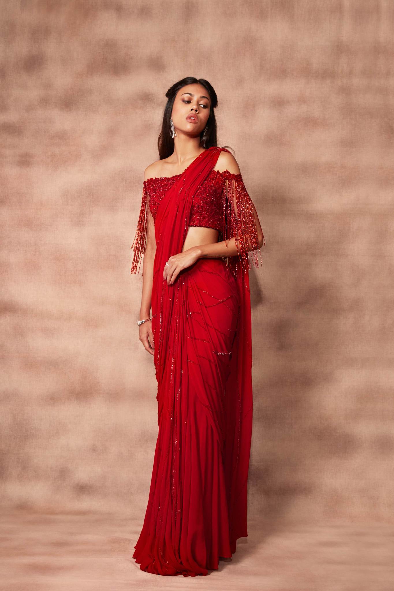 Flame Red Saree & Off Shoulder Tassel Blouse Set