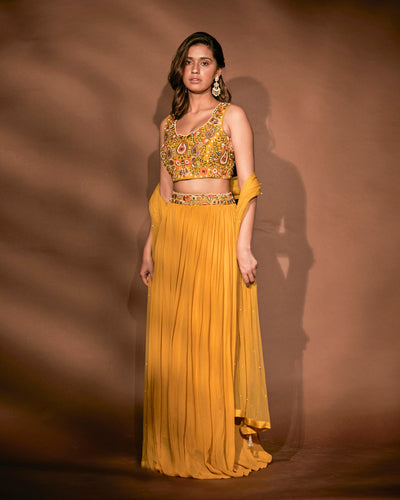 Mustard Yellow Multi-colored Embroidered Blouse And Lehenga Set