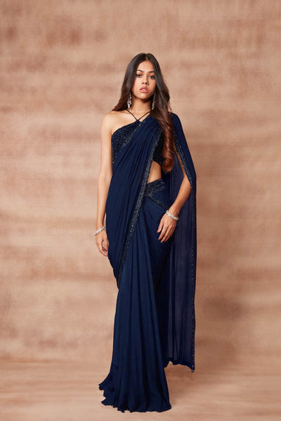 Midnight Blue Halter Neck Draped Saree Set