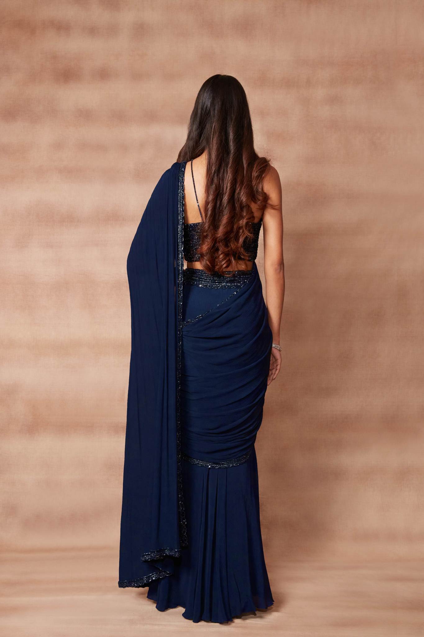 Midnight Blue Halter Neck Draped Saree Set
